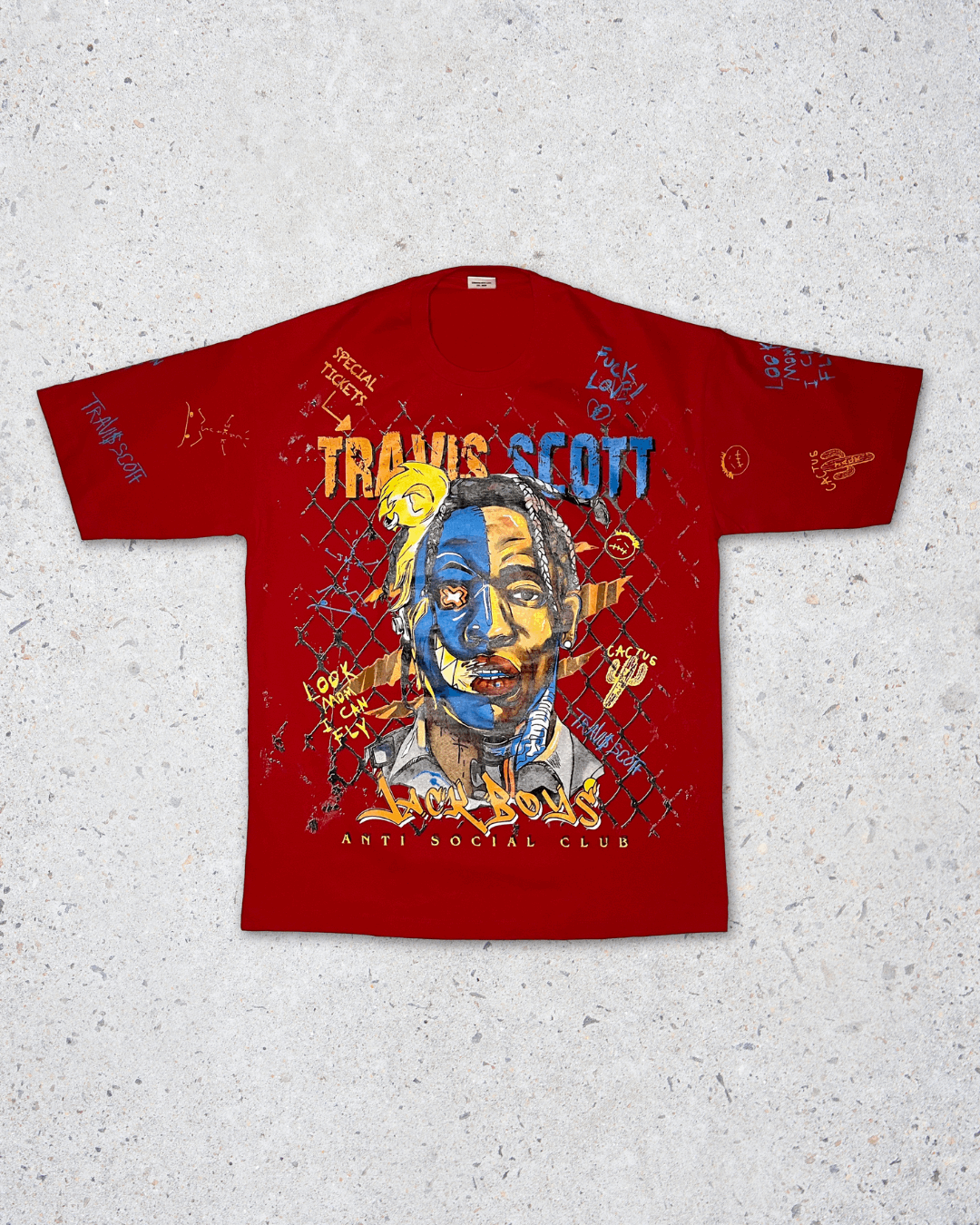 Illustrated Travis Scott Double Sided Printed Red Tee | Fits Upto XL