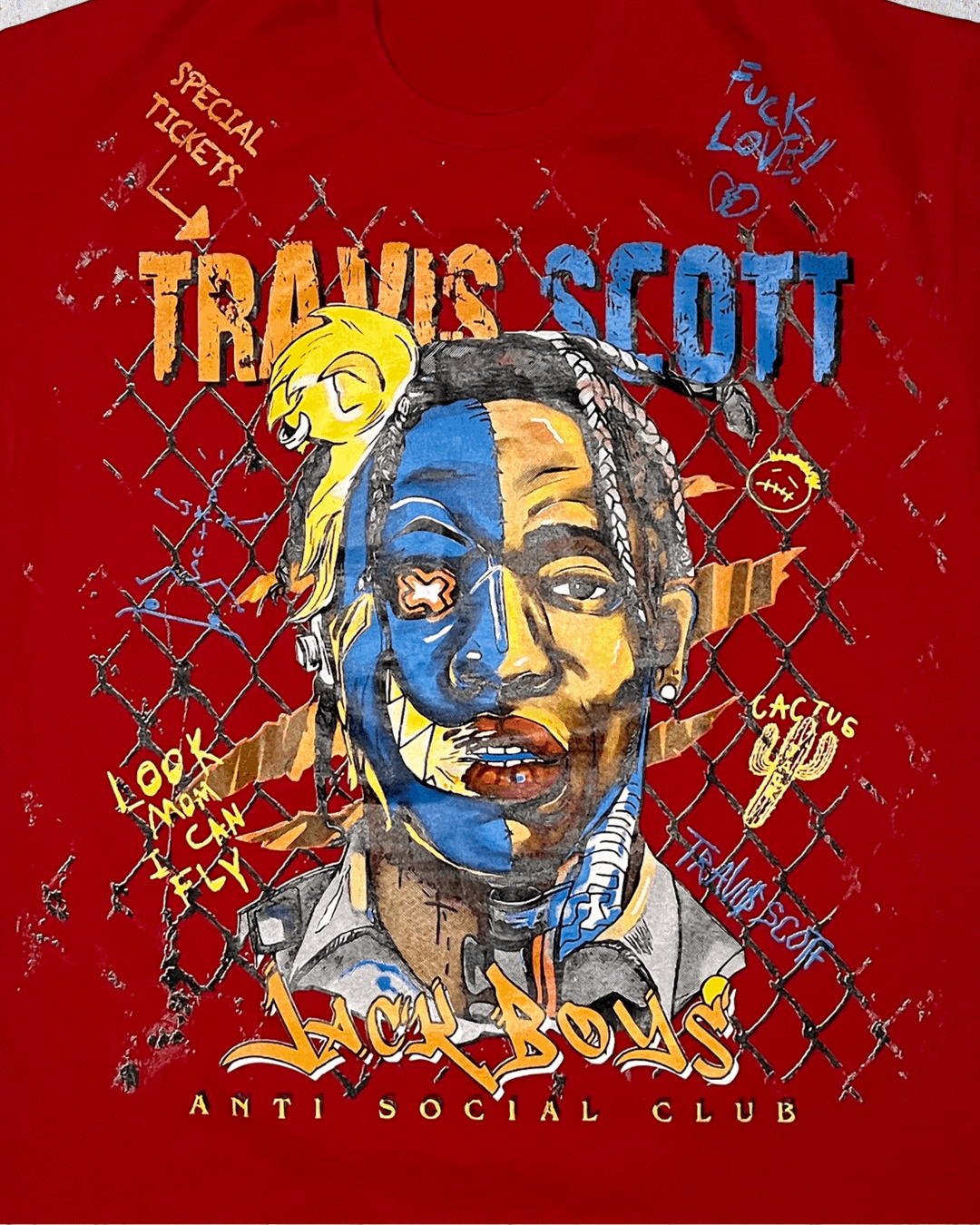 Illustrated Travis Scott Double Sided Printed Red Tee | Fits Upto XL